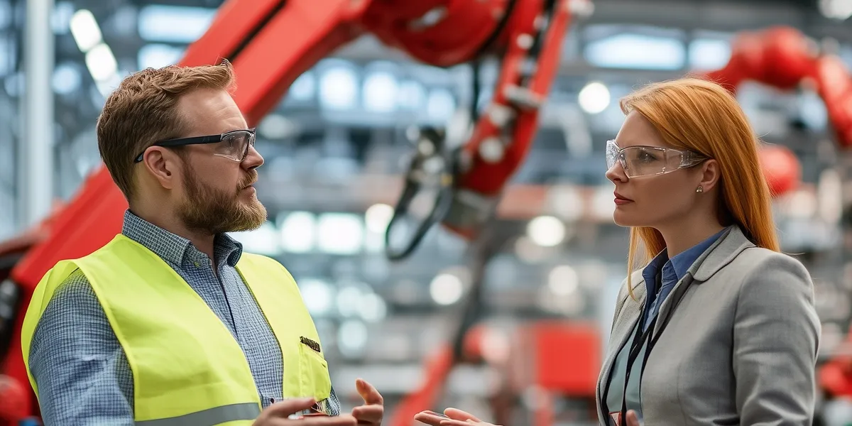 Factory engineers discussing