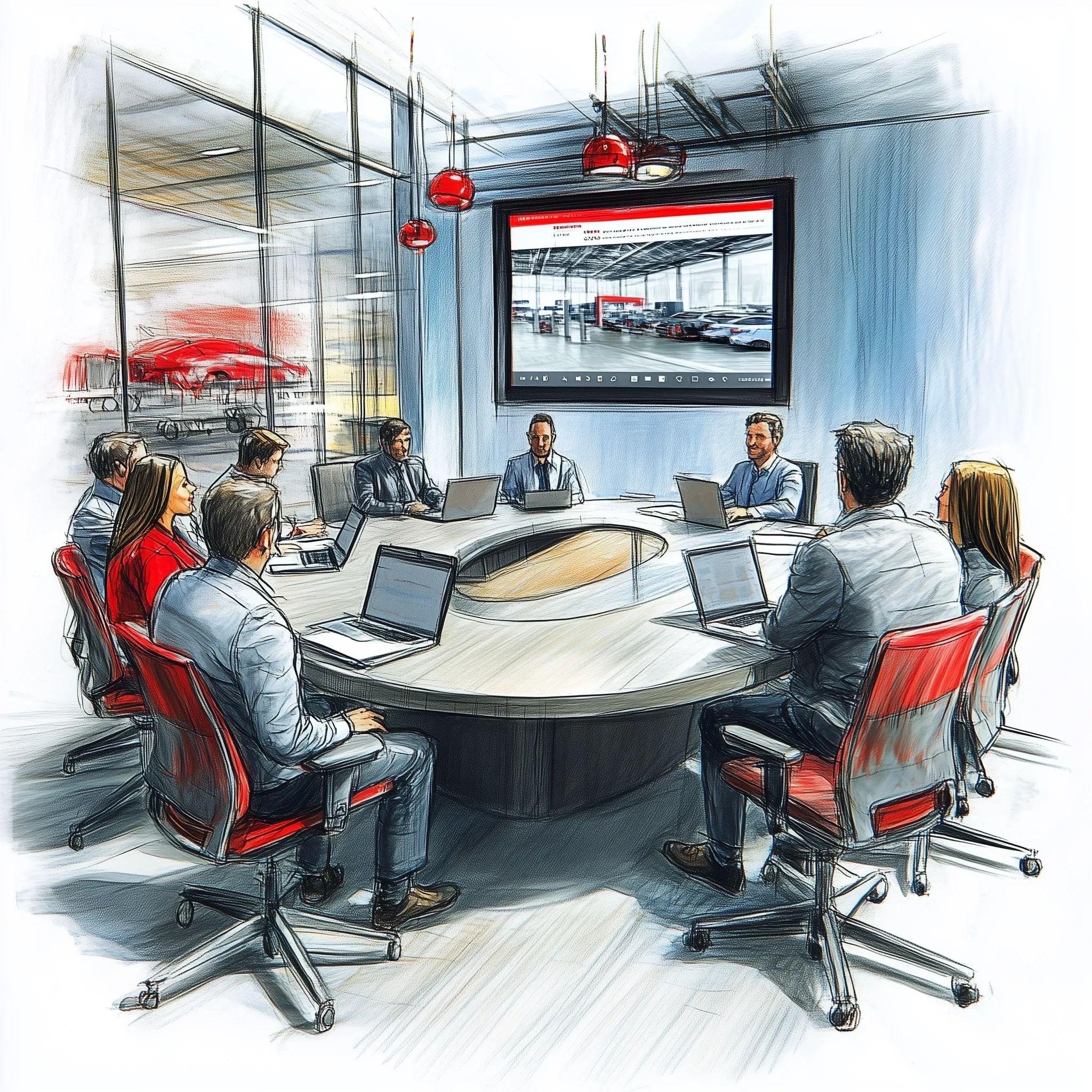 Artist's sketch of a board room meeting